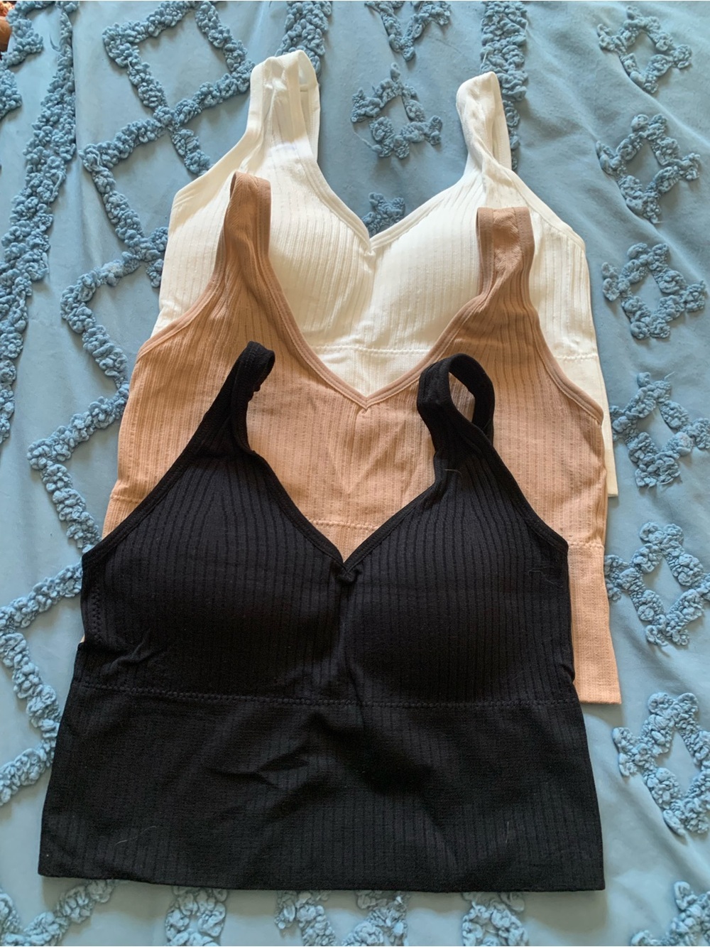 Ribbed V-Neck Camisole Trio — Black, Cream & Tan